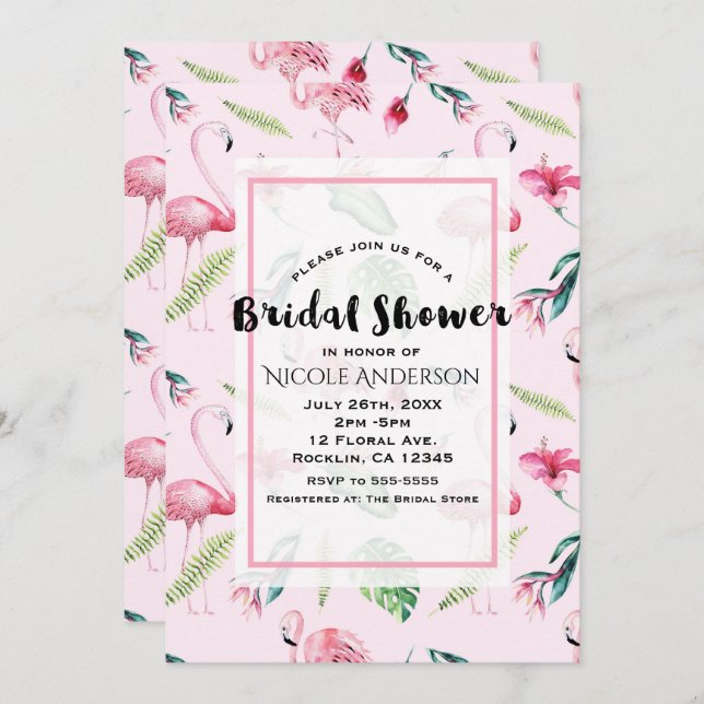 Rosa Flamingo Tropical Hibiscus Blommigt Möhippa Inbjudningar (Fram/baksida)