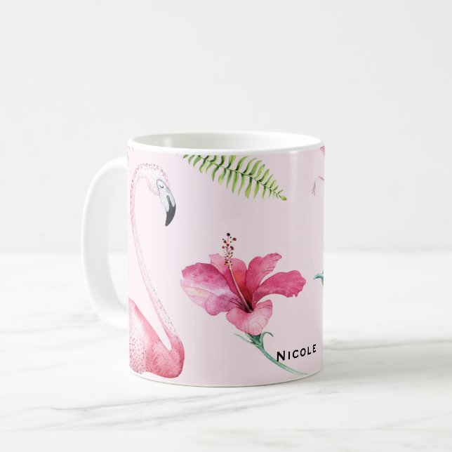 Rosa Flamingo Tropical Hibiscus Blommigt Roligt Kaffemugg (Framsida vänster)
