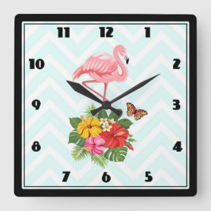 Rosa Flamingo & Tropical Hibiscus Finare Fyrkantig Klocka