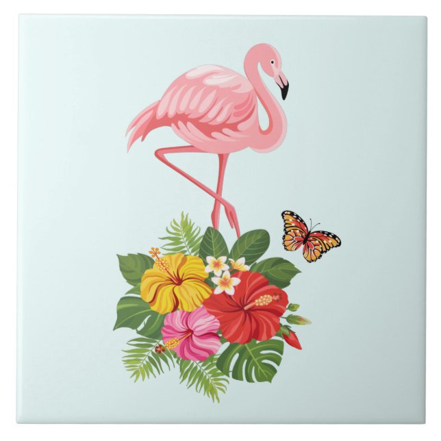 Rosa Flamingo & Tropical Hibiscus Finare Kakelplatta (Framsidan)