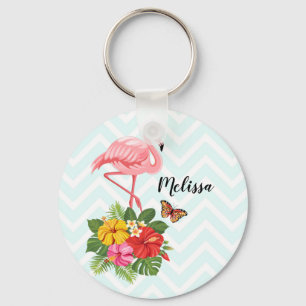 Rosa Flamingo & Tropical Hibiscus Finare Nyckelring