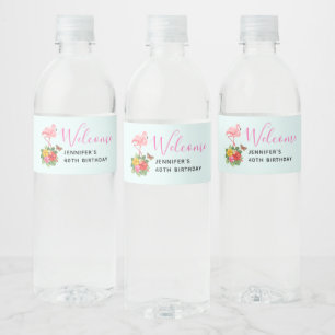 Rosa Flamingo & Tropical Hibiscus Finare Vattenflaska Etikett