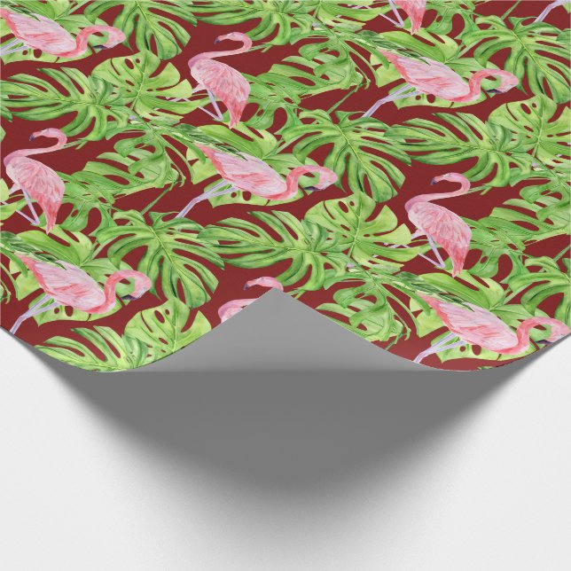 Rosa Flamingo Tropical Löv on Burgundy Presentpapper (Hörn)