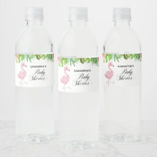 Rosa Flamingo Tropical Lövs Baby Shower Vattenflaskor Etikett