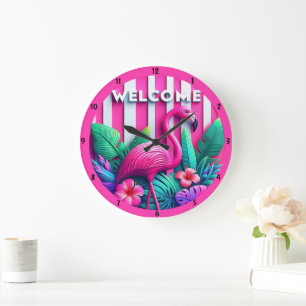 Rosa Flamingo Tropical Plants Flowers Accent Stor Klocka