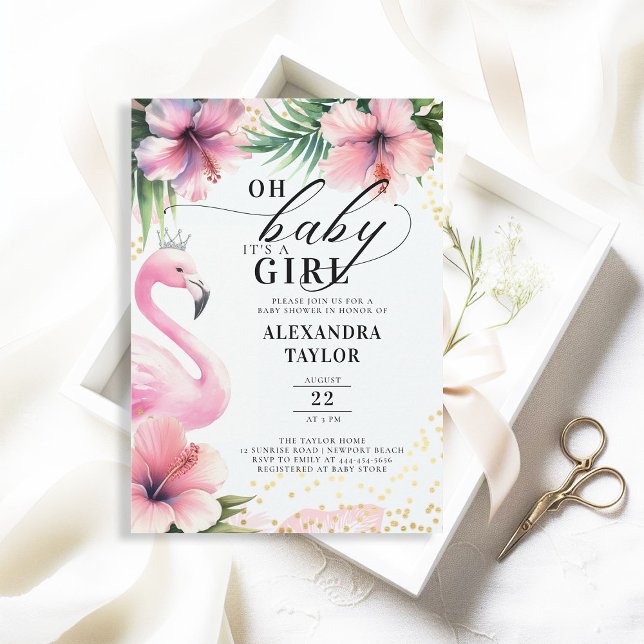 Rosa Flamingo Tropical Rosa Guld Baby Shower Inbjudningar (flamingo baby girl shower invitation pink tropical greenery palm leaf hibiscus floral its a girl)