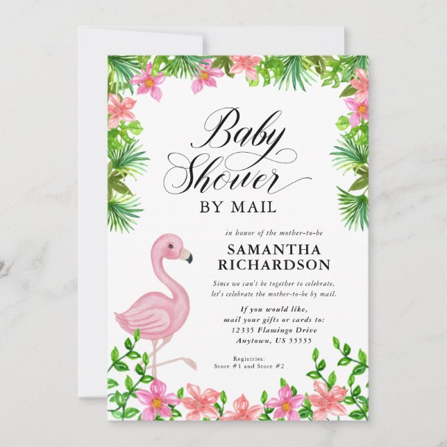 Rosa Flamingo Tropical Script Baby Shower by Mail Inbjudningar (Framsida)