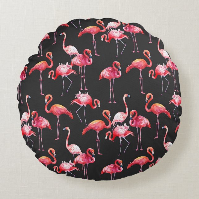 Rosa Flamingo: Tropical Watercolor Mönster. Rund Kudde (Framsidan)
