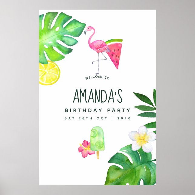 Rosa Flamingo Tropical Watercolor Sommardag Poster (Framsidan)