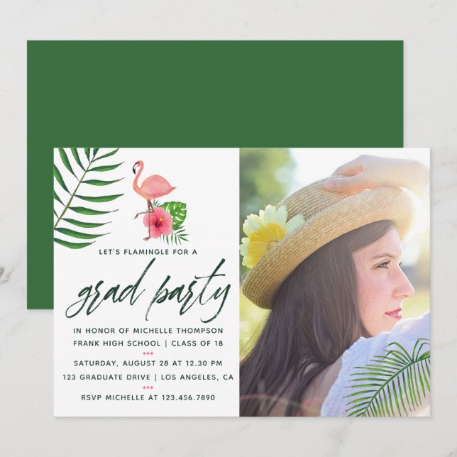 Rosa Flamingo Tropisk Akvarell Luau-Examen Inbjudningar (Fram/baksida)