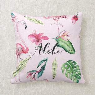 Rosa Flamingo Tropisk Aloha Hibiskus Sommar Kudde