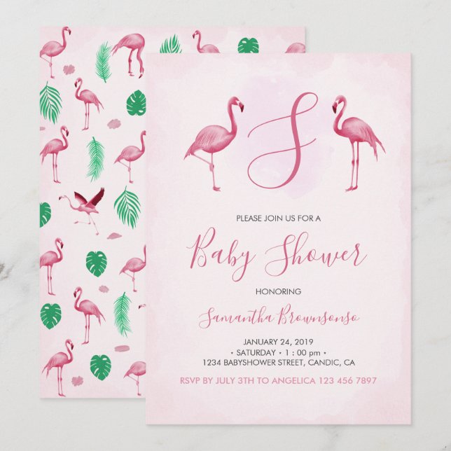 Rosa Flamingo Tropisk Babyfirande Inbjudningar (Fram/baksida)