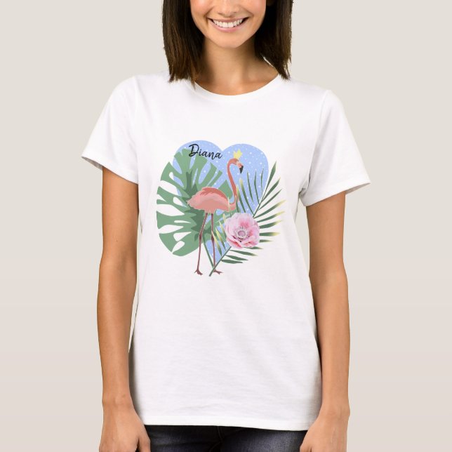 Rosa Flamingo tropisk blad palm T-shirt (Framsida)