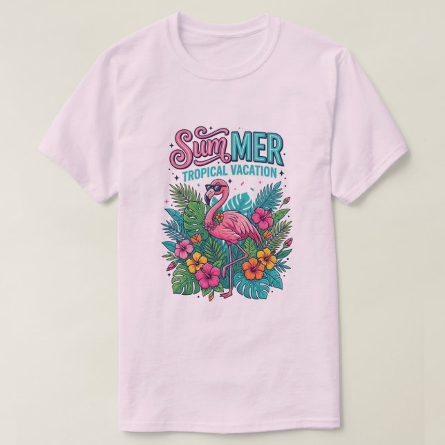 Rosa Flamingo Tropisk Blomma - sommarlov  T Shirt (Design framsida)