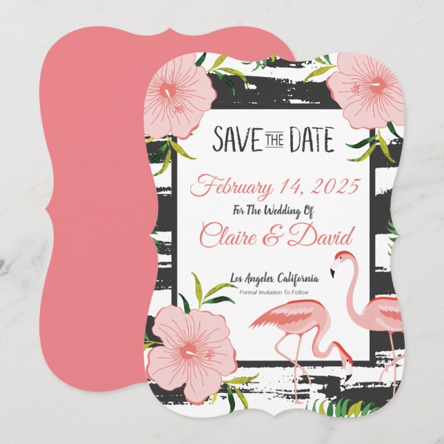 Rosa Flamingo Tropisk Bröllop Spara Datumet (Fram/baksida)