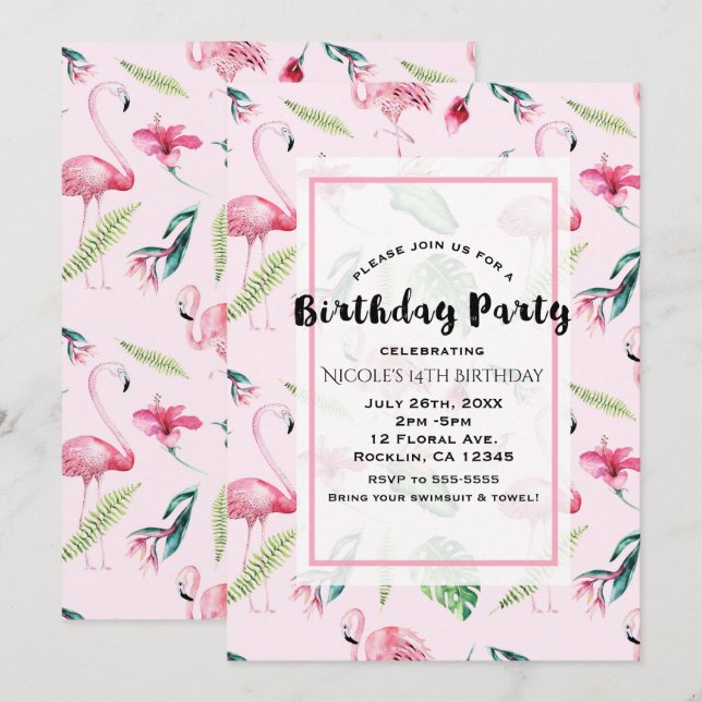 Rosa Flamingo Tropisk Hibiskus Blommig Födelsedag Inbjudningar (Fram/baksida)