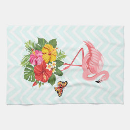 Rosa Flamingo & Tropisk Hibiskus Snygg Illustratio Kökshandduk