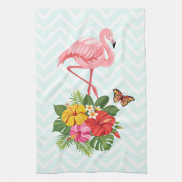 Rosa Flamingo & Tropisk Hibiskus Snygg Illustratio Kökshandduk