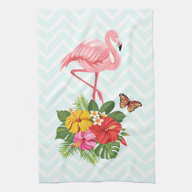 Rosa Flamingo & Tropisk Hibiskus Snygg Illustratio Kökshandduk (Vertikal)