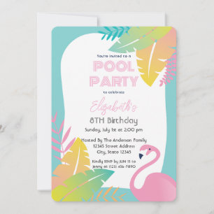 Rosa Flamingo Tropisk Poolparty Födelsedag Inbjudningar