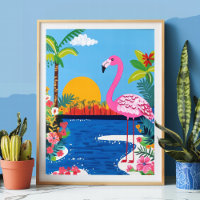 Rosa Flamingo Tropisk Solnedgång Strand Väggkonst