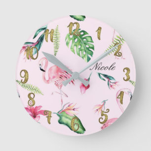 Rosa Flamingo & Tropiska Blad Custom Rund Klocka