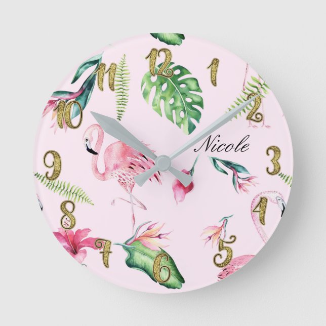 Rosa Flamingo & Tropiska Blad Custom Rund Klocka (Framsida)