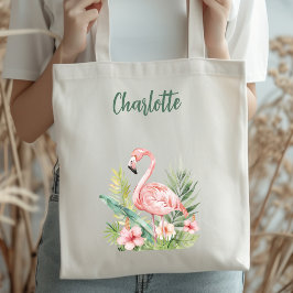 Rosa flamingo tropiska blommor tygkasse