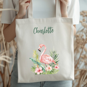 Rosa flamingo tropiska blommor tygkasse