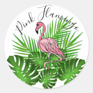 Rosa Flamingo, tropiska djungelns löv Runt Klistermärke