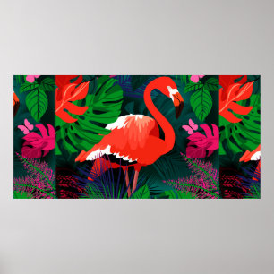 Rosa flamingo. Tropiska löv, rosa butterfly.  Poster
