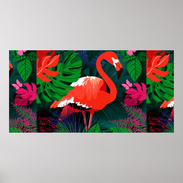 Rosa flamingo. Tropiska löv, rosa butterfly.  Poster (Framsidan)