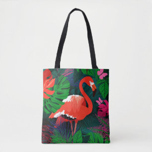 Rosa flamingo. Tropiska löv, rosa butterfly. Tygkasse