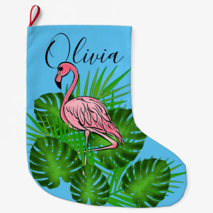 Rosa Flamingo, tropiska Löv Stor Julstrumpa