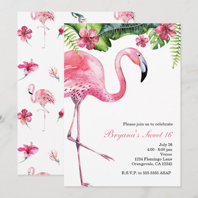 Rosa Flamingo Tropiska Sommarfestinbjudningar Inbjudningar (Fram/baksida)