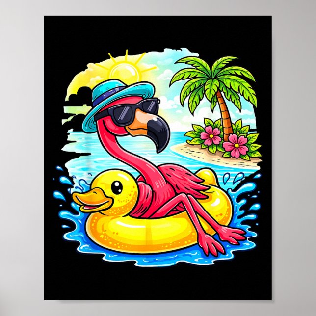 Rosa Flamingo Tropiska Strandvibbar Palmträd Poster (Framsidan)