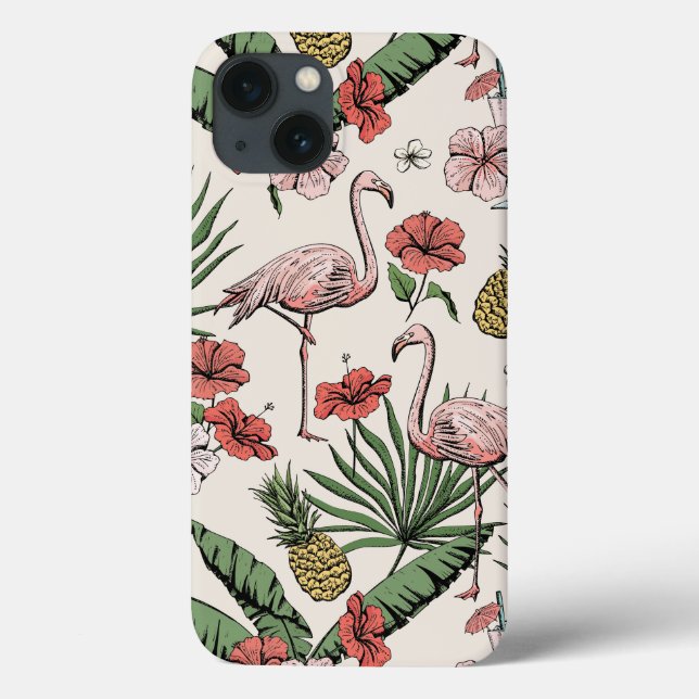 Rosa Flamingo Tropiskt Blommigt iPhone 13 Fodral (Baksida)