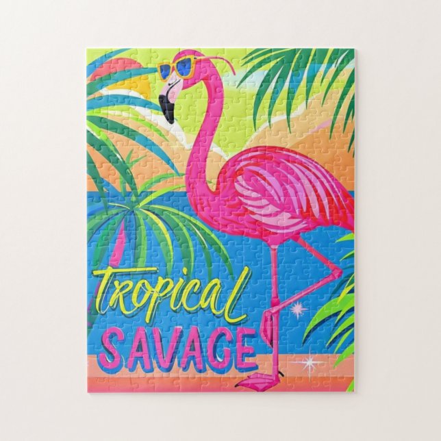 Rosa flamingo Tropiskt stående på ett ben Pussel (Vertikal)