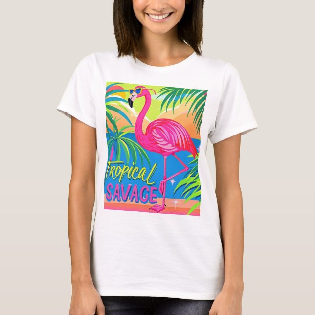 Rosa flamingo Tropiskt stående på ett ben T Shirt (Framsida)