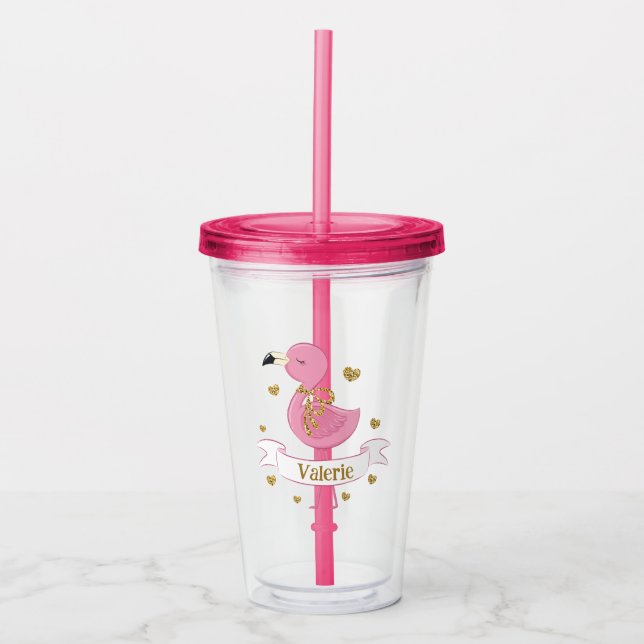 Rosa Flamingo Tumbler med eget namn Take Away Mugg (Framsida)
