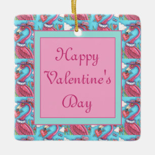 ROSA FLAMINGO VALENTINE HEARTS, CUTE LOVE BIRDS JULGRANSPRYDNAD KERAMIK
