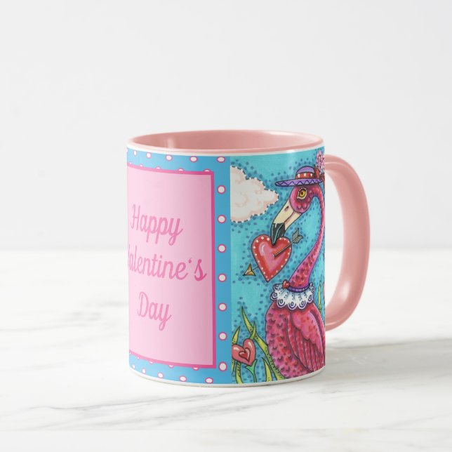 ROSA FLAMINGO VALENTINE HEARTS, CUTE LOVE BIRDS MUGG (Framsida höger)