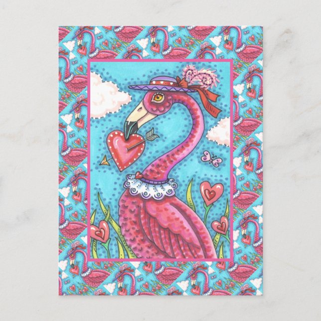 ROSA FLAMINGO VALENTINE HEARTS, LOVE BIRD STOLLIG HELG VYKORT (Framsida)