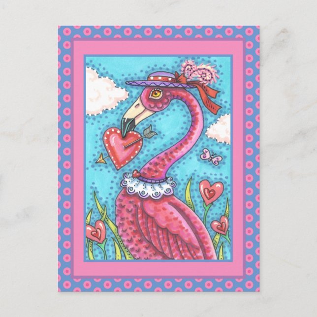 ROSA FLAMINGO VALENTINE HEARTS, LOVE BIRD STOLLIG HELG VYKORT (Framsida)
