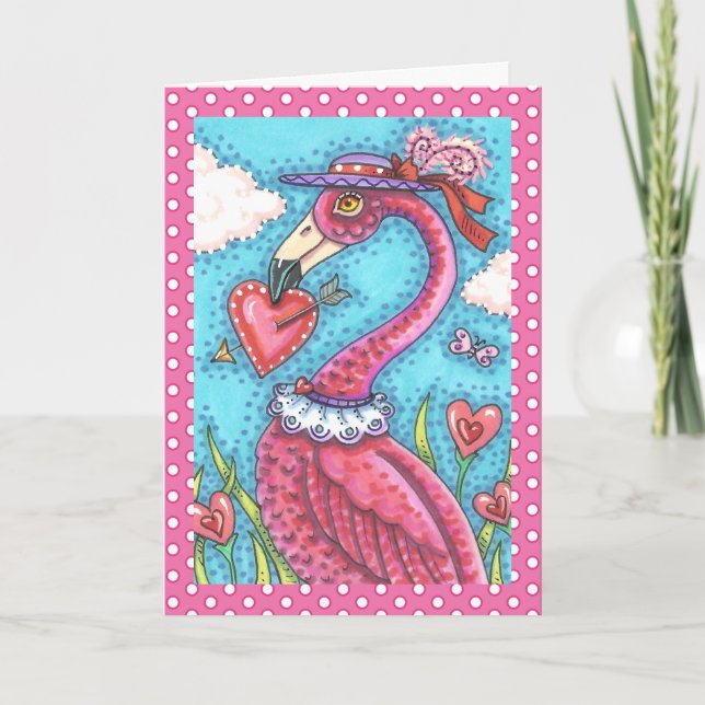ROSA FLAMINGO VALENTINE HEARTS, LOVE BIRD STOLLIG HELGKORT (Framsida)