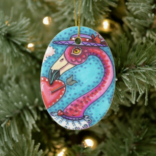 ROSA FLAMINGO VALENTINE HEARTS, LOVE BIRD STOLLIG JULGRANSPRYDNAD KERAMIK