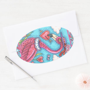 ROSA FLAMINGO VALENTINE HEARTS, LOVE BIRD STOLLIG OVALT KLISTERMÄRKE