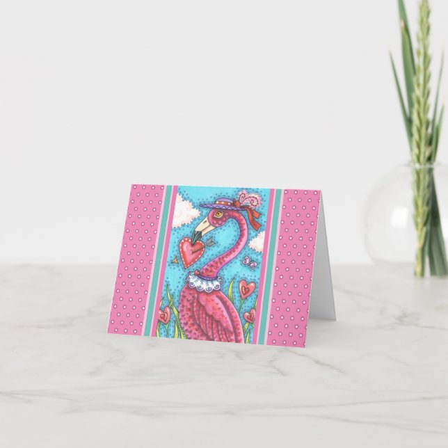 ROSA FLAMINGO VALENTINE HJÄRTAN, KÄRLEK FÅGEL Blan Kort (Framsida)