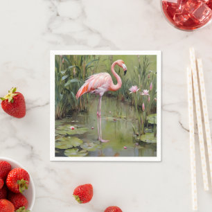 Rosa Flamingo Vatten Lilies and Reeds Oljemålning Pappersservett