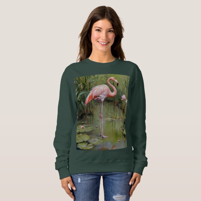 Rosa Flamingo Vatten Lilies and Reeds Oljemålning T Shirt (Hel framsida)
